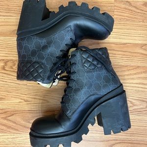 Gucci Black Quilted GG Canvas Platform Lace-Up Boots